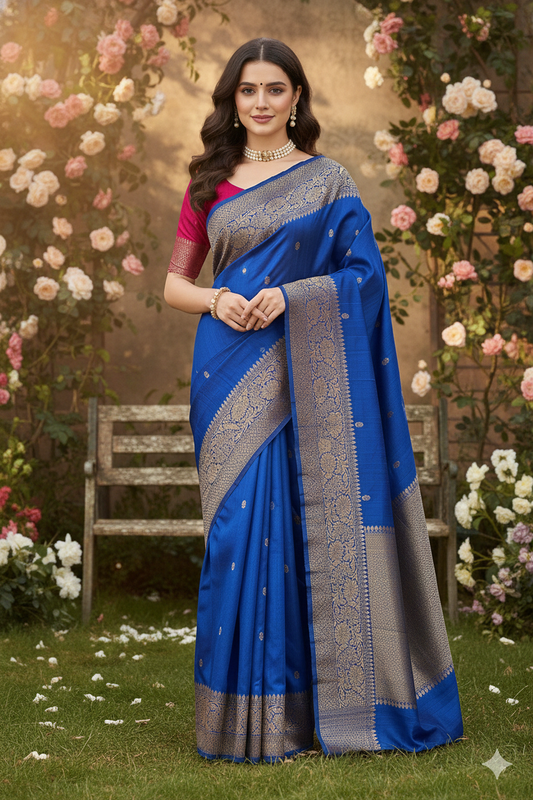 Royal Blue Pure Raw Tussar Banarasi Silk Saree, Hand Woven Motifs With Unstiched Blouse