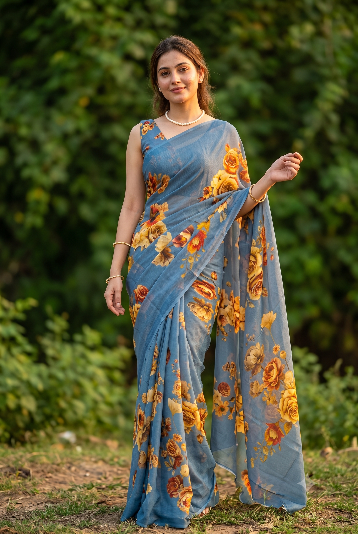 Dusty Blue Floral Printed Chiffon Saree, With Unstiched Blouse Piece