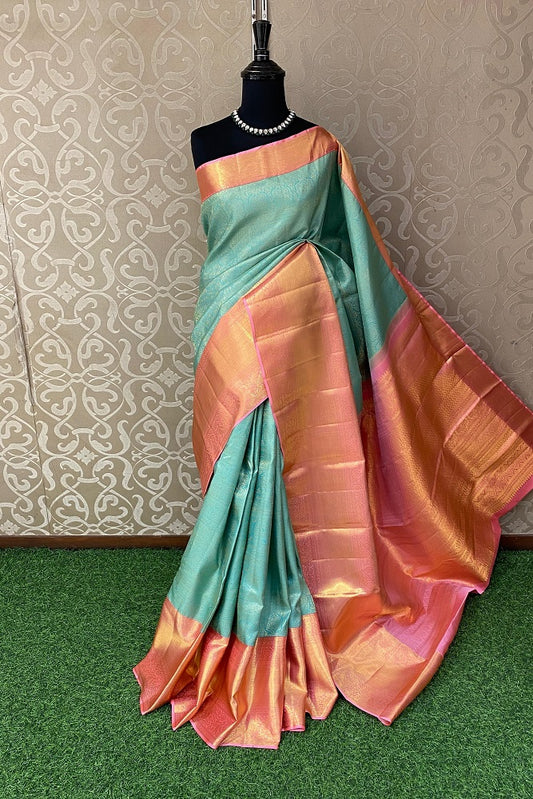 Firozi Pure Kanjeevaram Silk Saree, With Unstiched Blouse