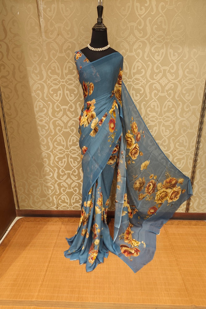 Dusty Blue Floral Printed Chiffon Saree, With Unstiched Blouse Piece