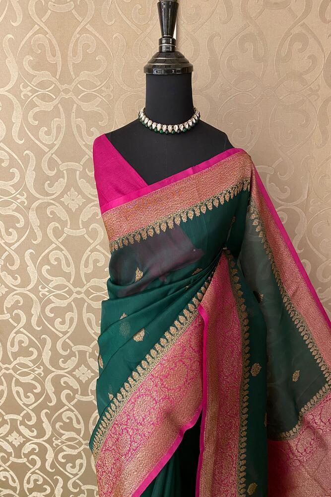 Bottle Green Kora Banarasi Silk Saree, With Unstiched Blouse
