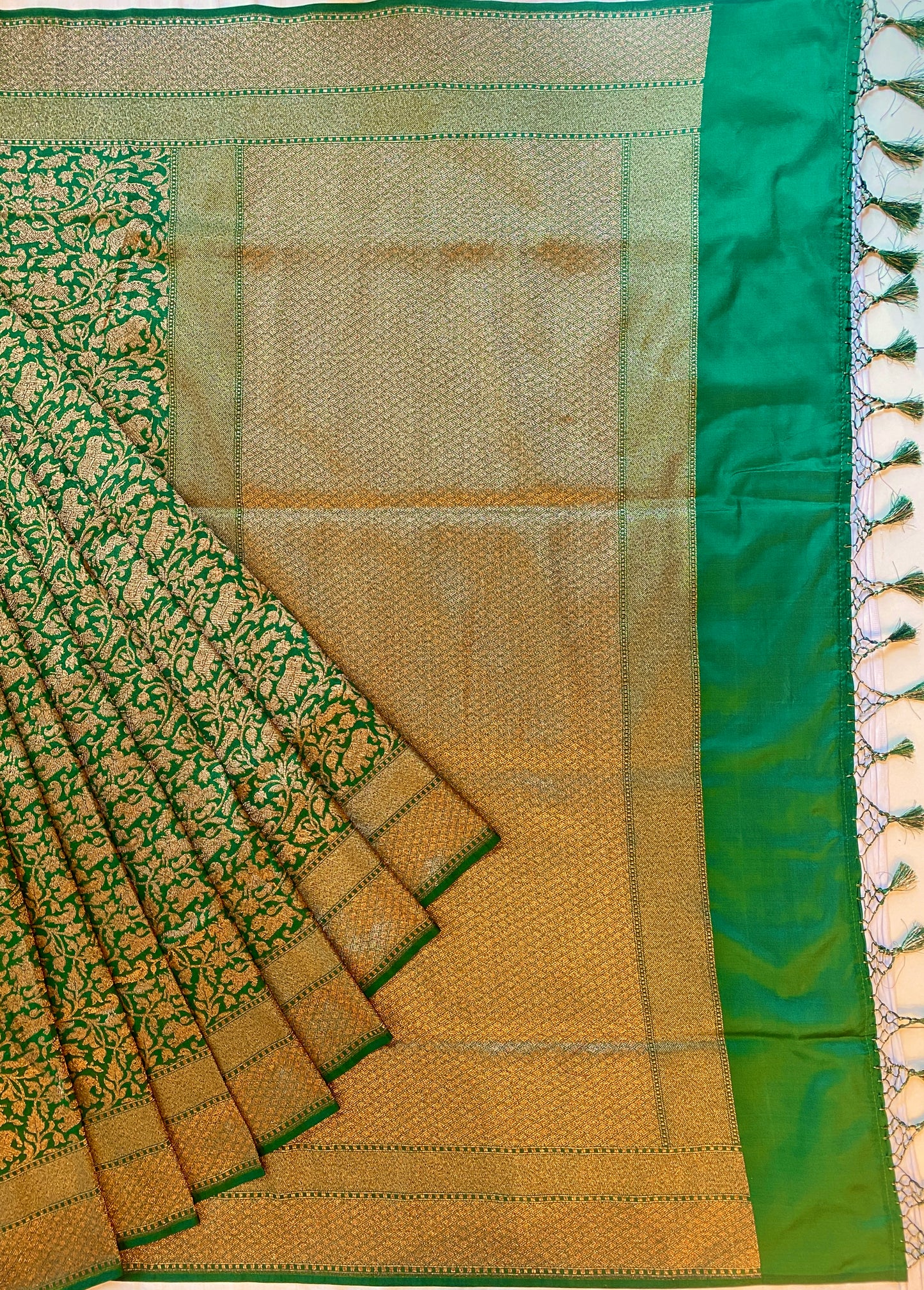 Green Semi Katan Brocade Silk Saree, With Unstiched Blouse