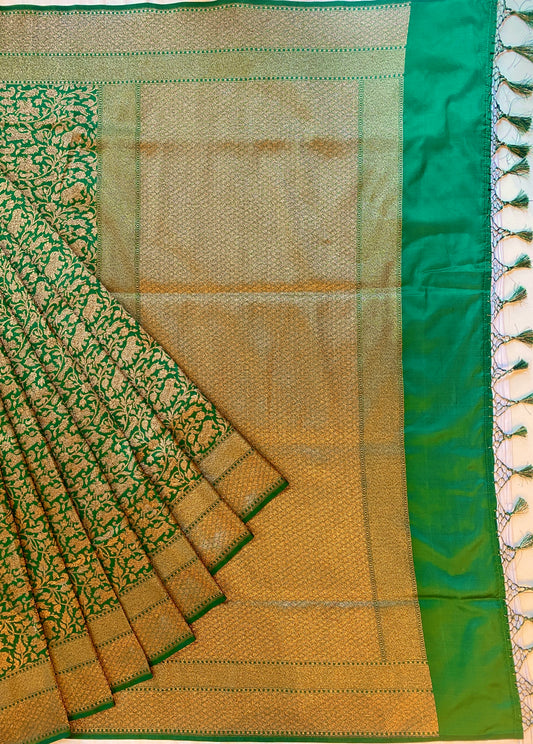 Green Semi Katan Brocade Silk Saree, With Unstiched Blouse