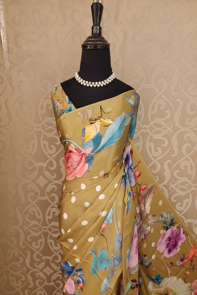Khaki Floral Printed Satin Crepe Saree, With Unstiched Blouse