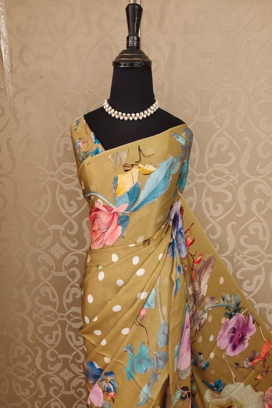 Khaki floral printed satin crepe saree with unstiched blouse, perfect for party wear by Saarang Sarees.