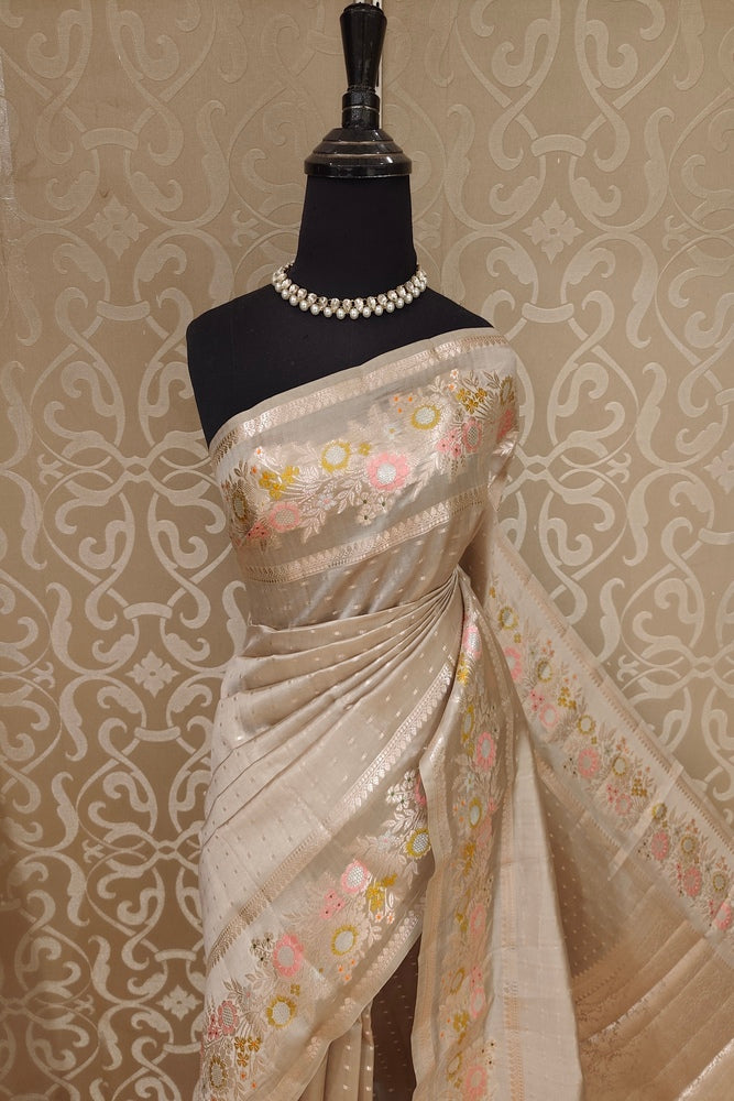 Light Grey Chiniya Silk Saree Hand Woven Butas, With Unstiched Blouse