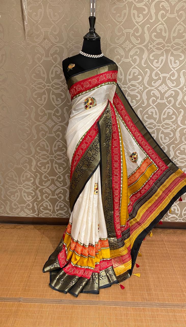 Off-White Munga Silk Saree With Hand Embroidery Work, With Unstiched Blouse