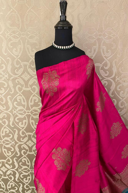 Rani Pure Raw Tussar Banarasi Silk Saree, Hand Woven Motifs With Unstiched Blouse