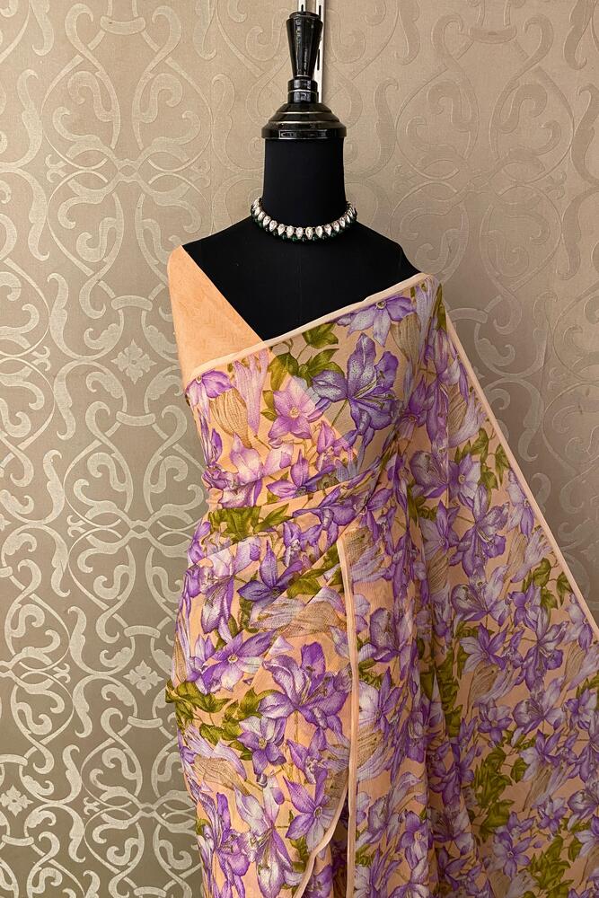 Light Copper Mauve Floral Printed Chiffon Saree, With Unstiched Blouse Piece
