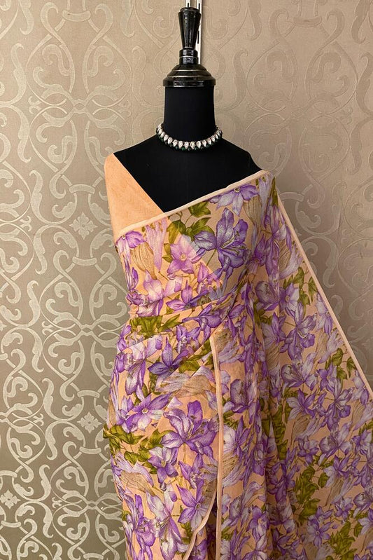 Party wear light copper mauve floral printed chiffon saree with unstiched blouse piece by Saarang Sarees.