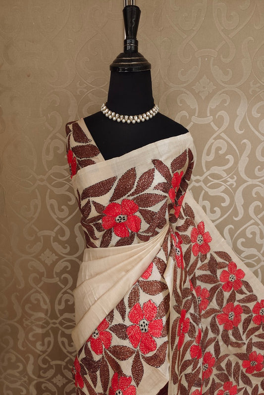 Off-White Tussar Embroidery Saree With Kantha Work Border, With Unstitched Blouse