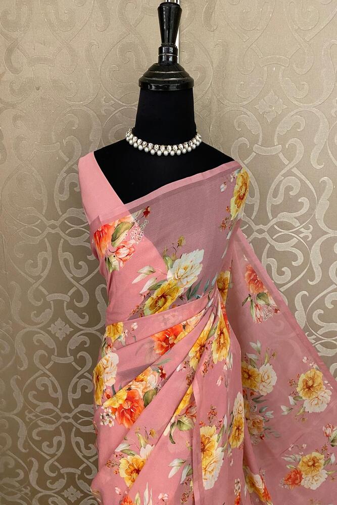 Pink floral printed chiffon saree with unstiched blouse piece, perfect for party wear by Saarang Sarees.