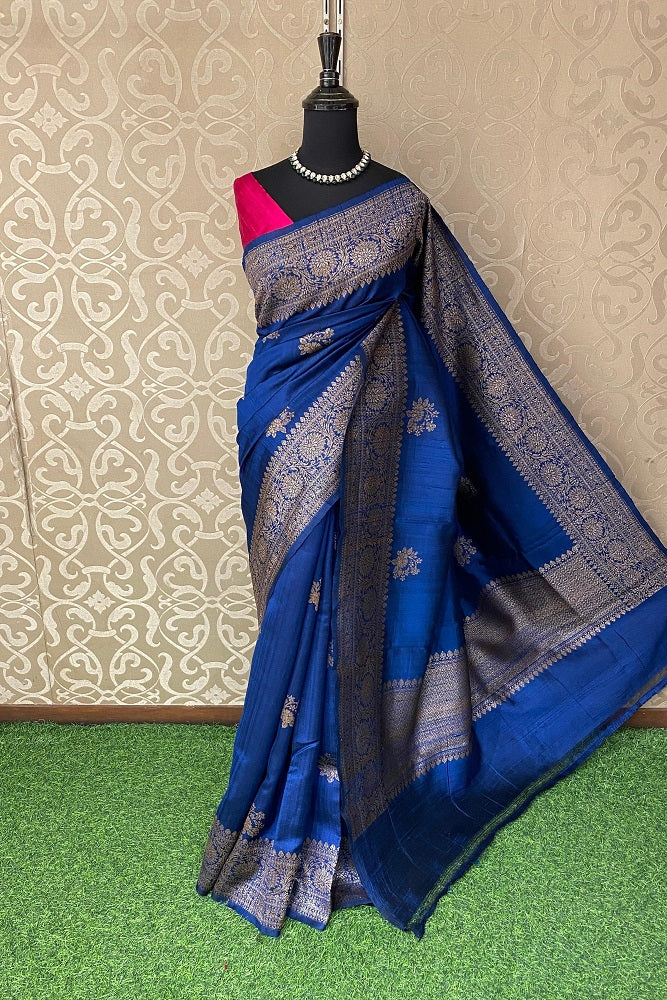 Royal Blue Pure Raw Tussar Banarasi Silk Saree, Hand Woven Motifs With Unstiched Blouse