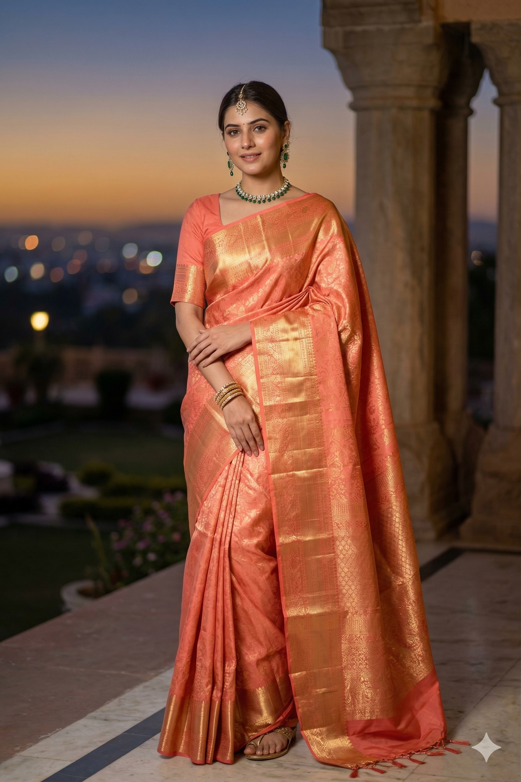 Peach pink pure Kanjeevaram silk saree from Saarang Sarees with traditional golden zari work and matching unstiched blouse.