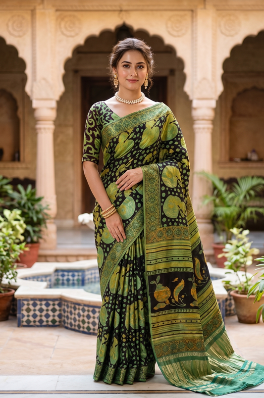 Black & Multi Pure Modal Silk Ajrakh Printed Saree With Unstich Blouse