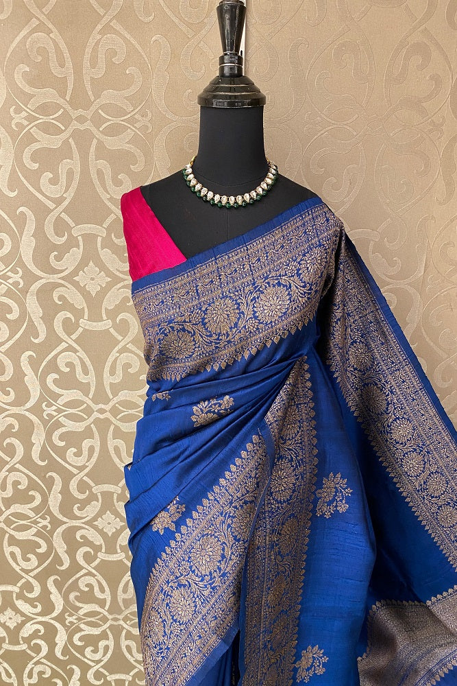 Royal Blue Pure Raw Tussar Banarasi Silk Saree, Hand Woven Motifs With Unstiched Blouse