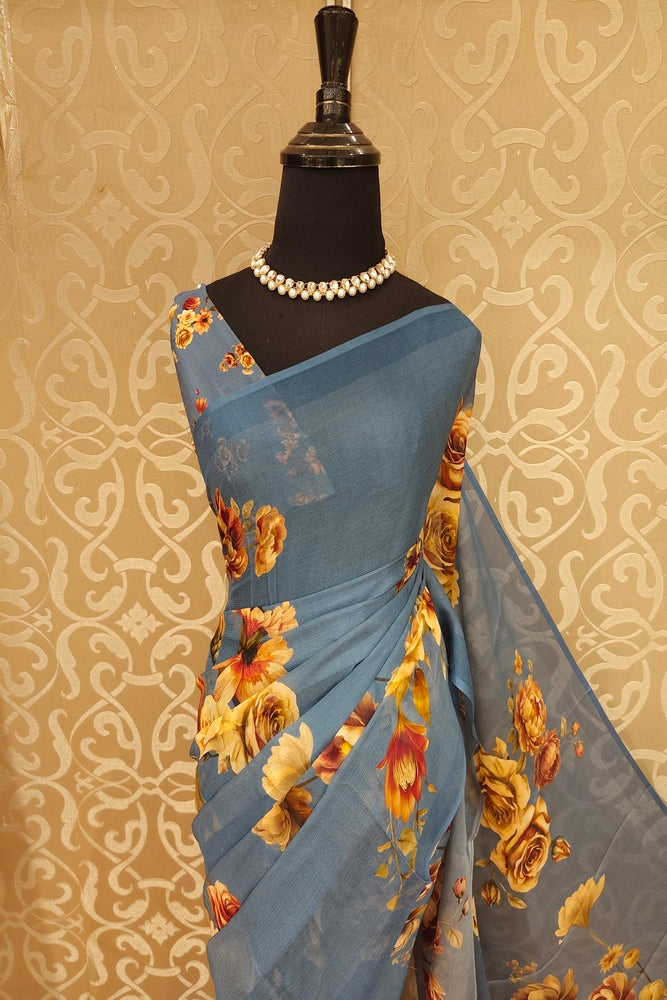 Dusty Blue Floral Printed Chiffon Saree, With Unstiched Blouse Piece