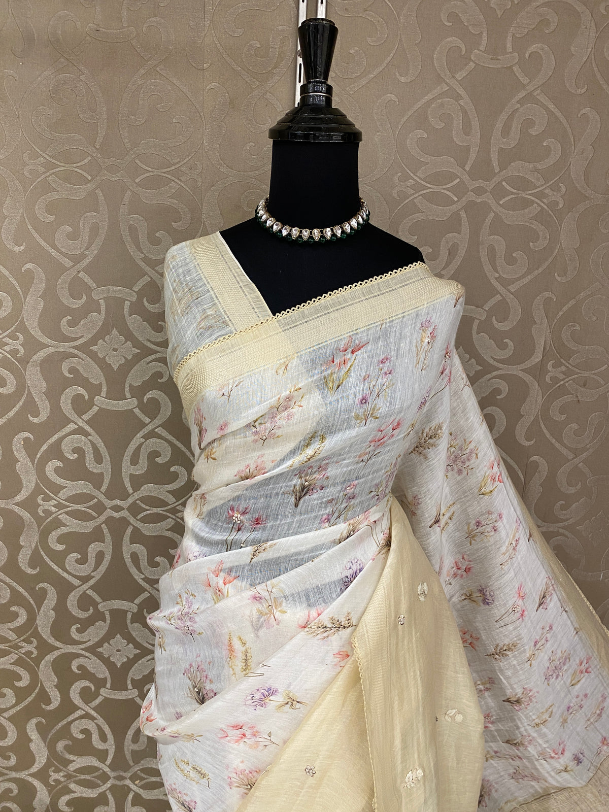 Off-White Linen Silk Saree Hand Embroidered Work, With Unstiched Blouse