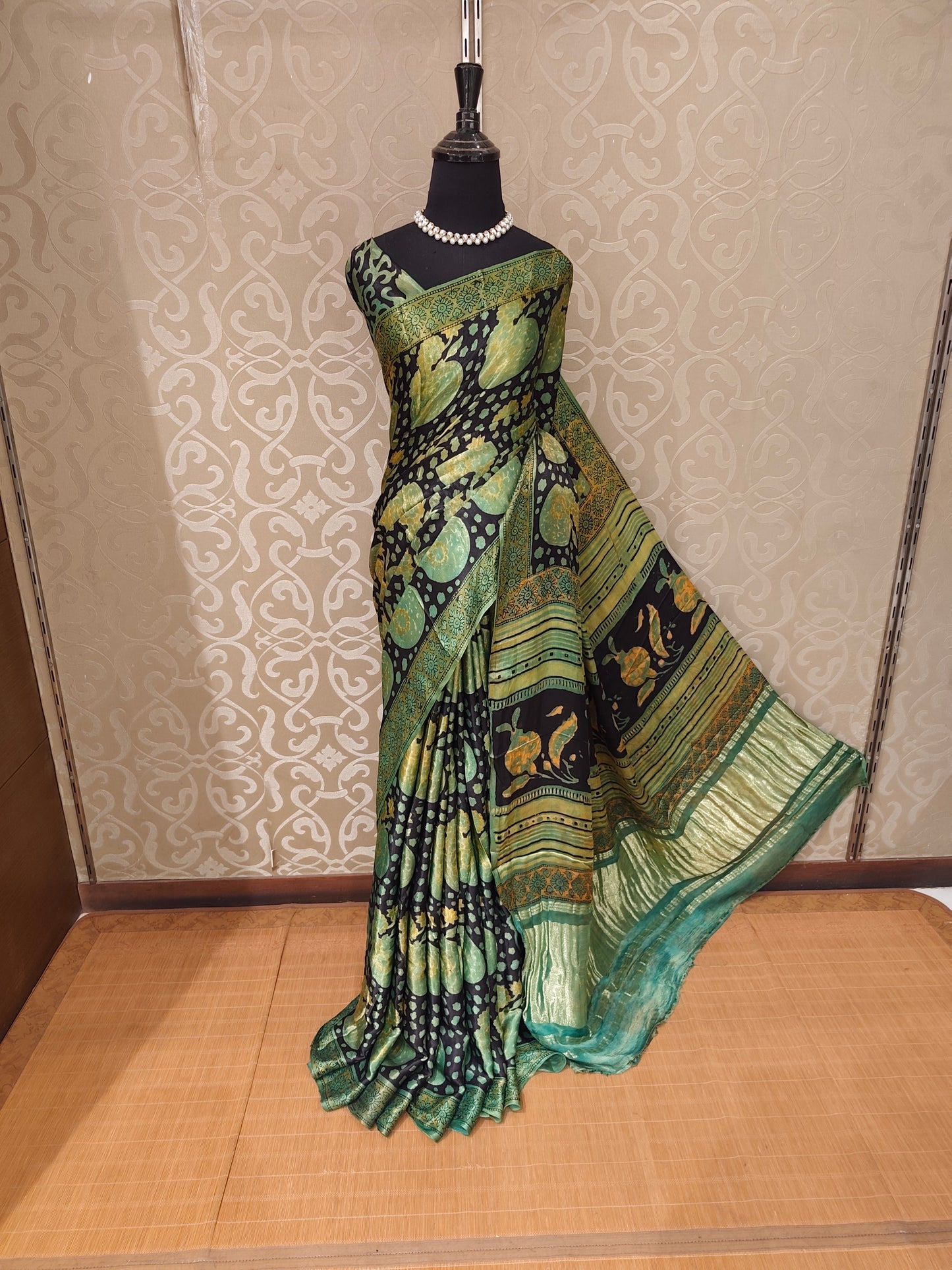 Black & Multi Pure Modal Silk Ajrakh Printed Saree With Unstich Blouse