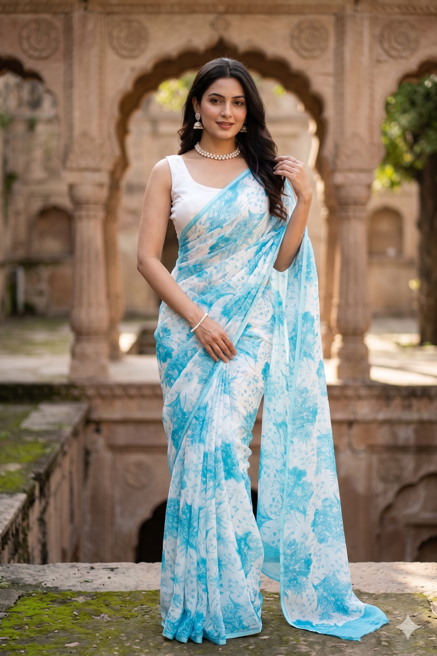Off-White Sky Floral Printed Chiffon Saree, With Unstiched Blouse Piece