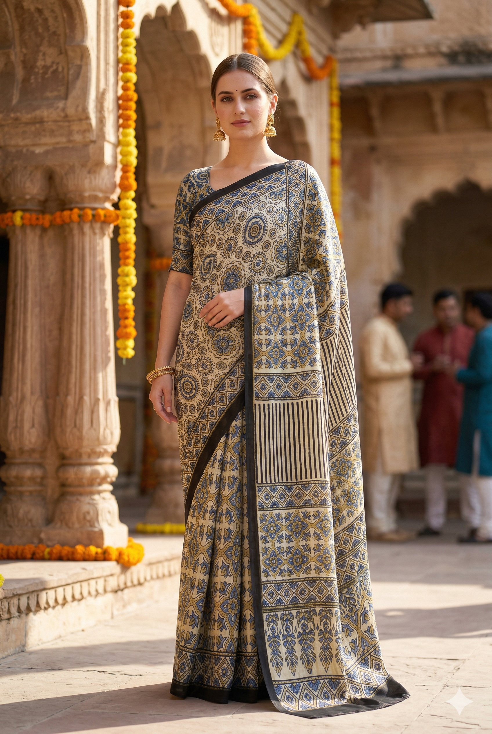 Black and white pure modal silk Ajrakh printed saree with unstiched blouse, traditional wear by Saarang Sarees.