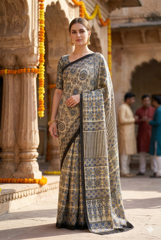 Balck & White Pure Modal Silk Ajrakh Printed Saree With Unstiched Blouse