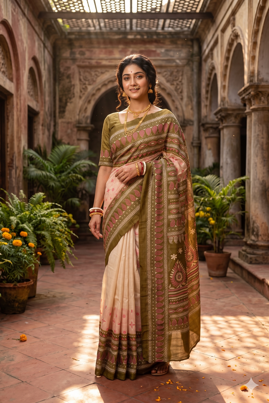 Beige Tussar embroidery saree with kantha work border and unstitched blouse from Saarang Sarees, traditional Indian attire with intricate detailing.