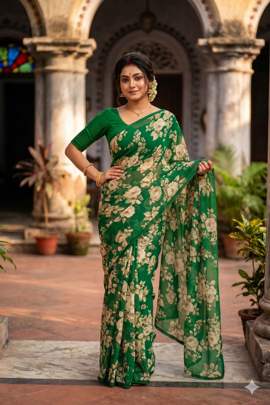 Deep green floral printed chiffon saree with unstitched blouse piece, perfect for party wear from Saarang Sarees.