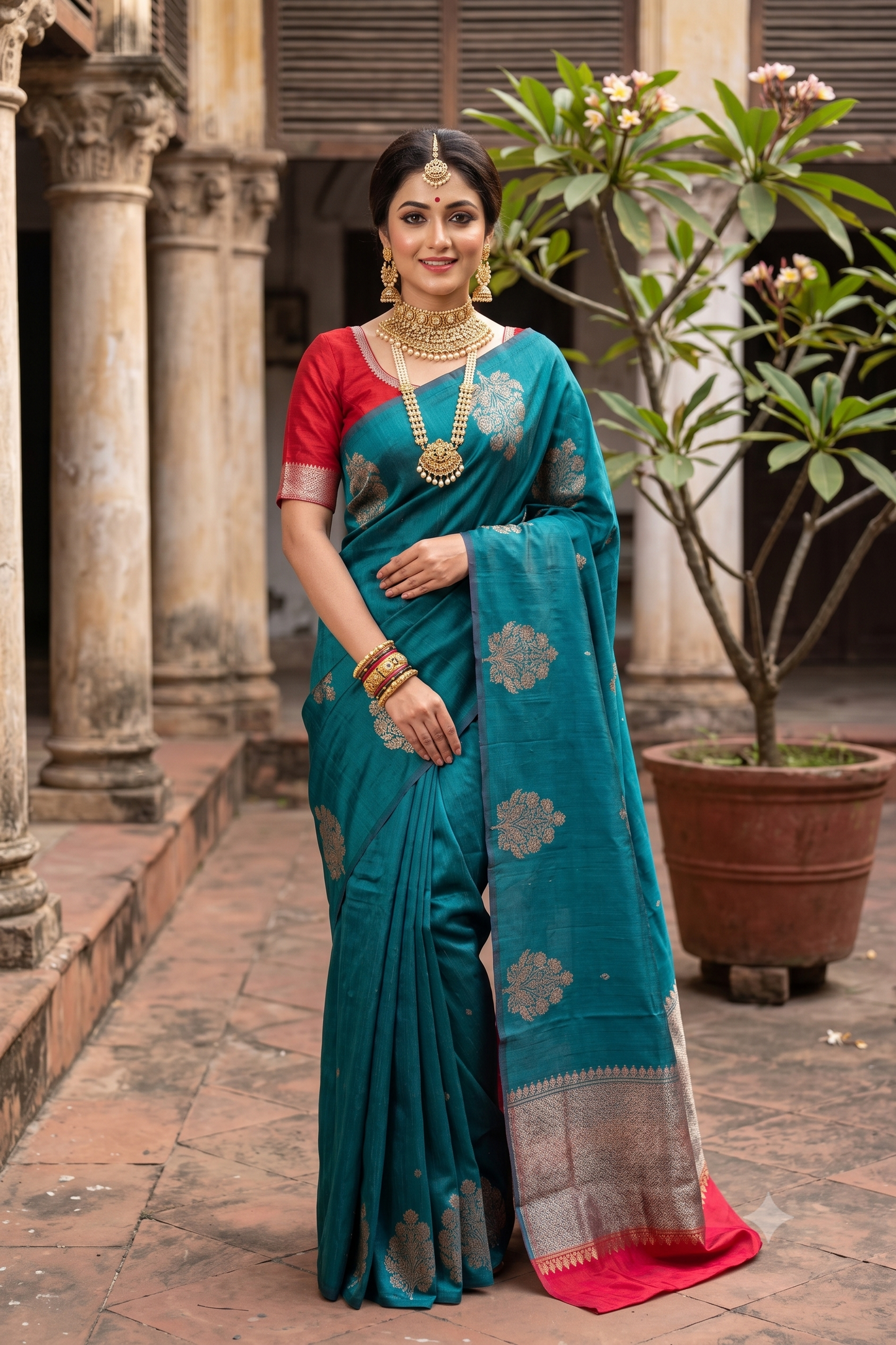 Teal Blue Pure Raw Tussar Banarasi Silk Saree, Hand Woven Motifs With Unstiched Blouse