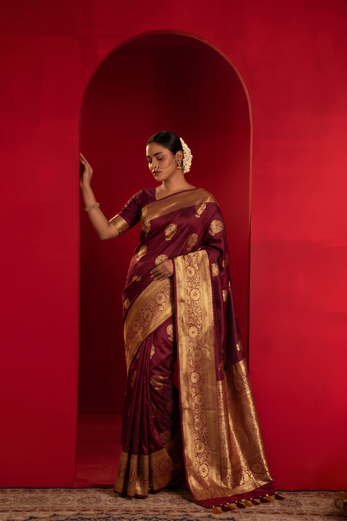 Deep Brown Pure Kanjeevaram Silk Saree, With Unstiched Blouse