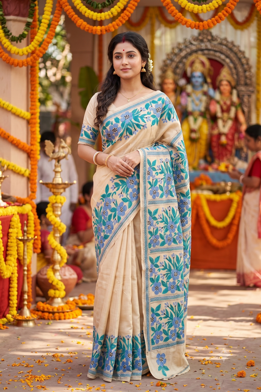 Off-White Tussar Embroidery Saree With Kantha Work Border, With Unstitched Blouse