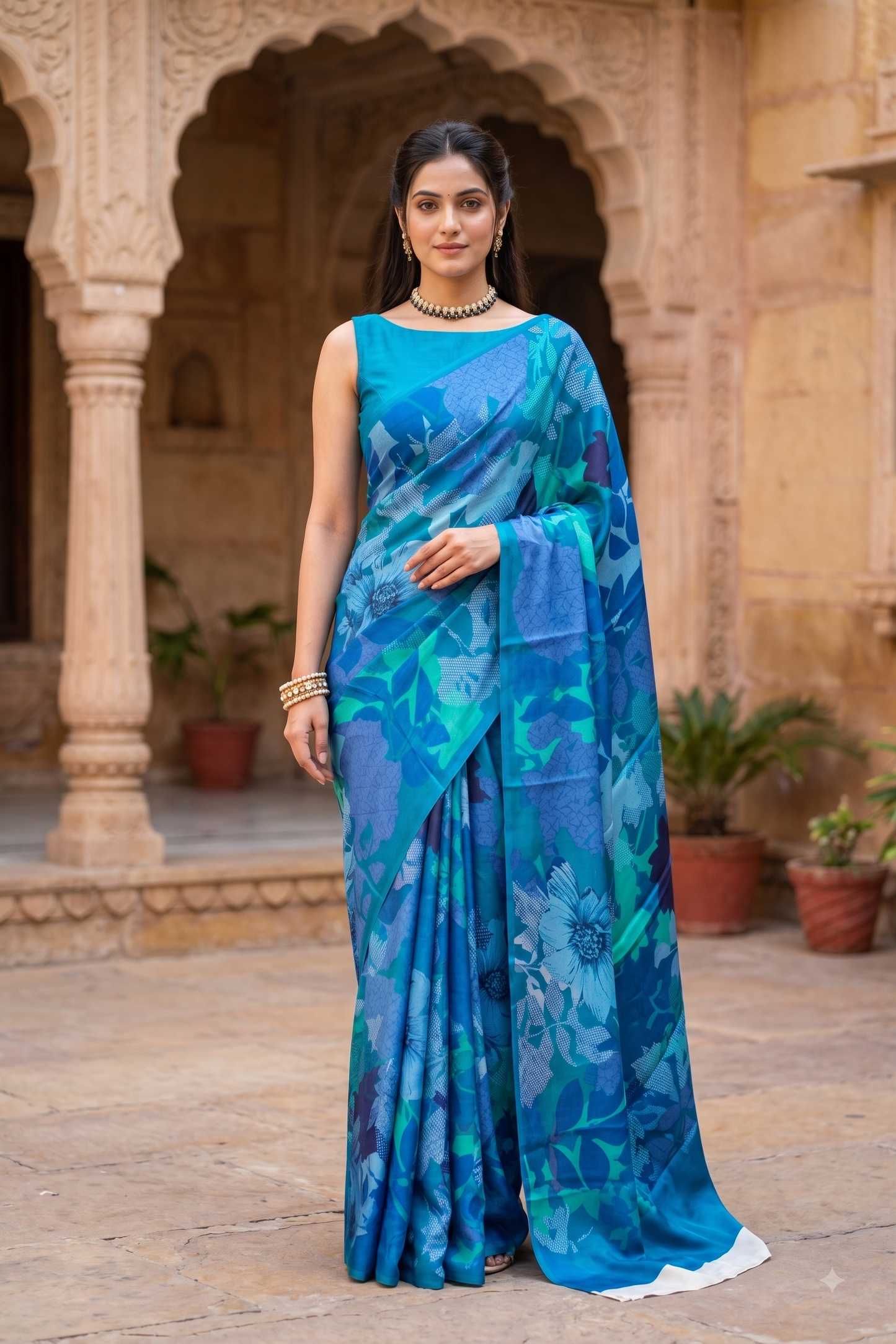 Blue Floral Printed Satin Crepe Saree, With Unstiched Blouse