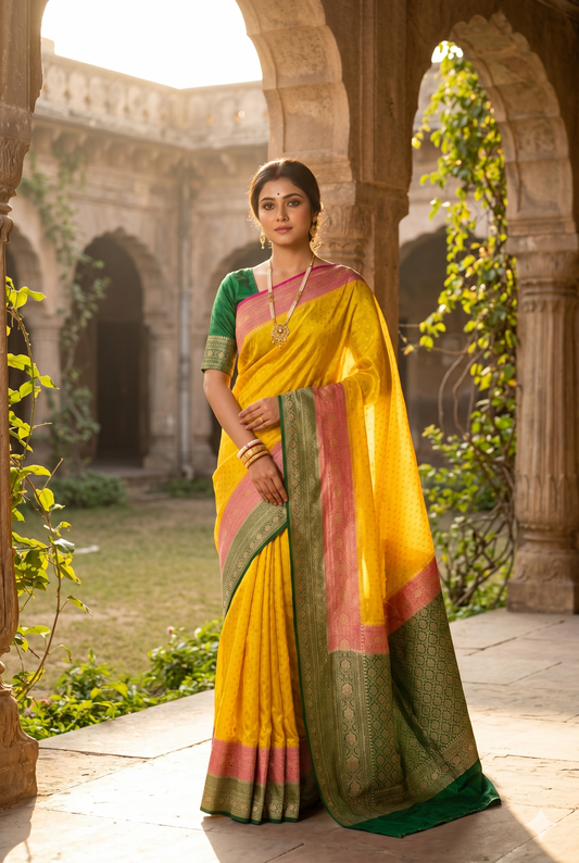 Yellow crepe Khaddi Banarasi silk saree with intricate traditional patterns and a matching unstiched blouse from Saarang Sarees.