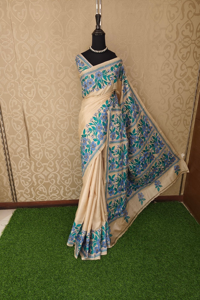 Off-White Tussar Embroidery Saree With Kantha Work Border, With Unstitched Blouse