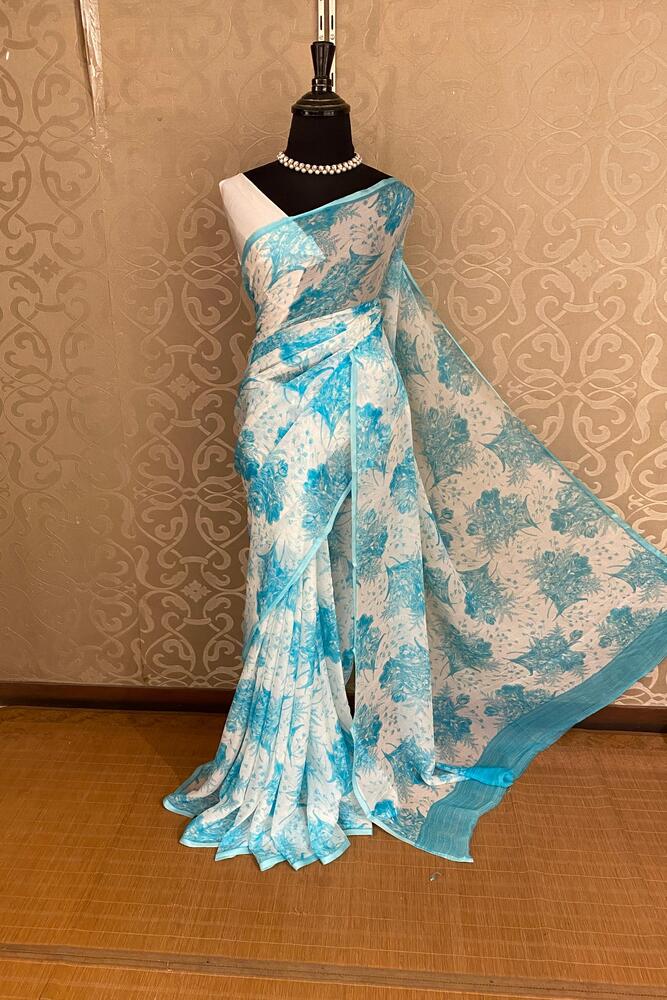 Off-White Sky Floral Printed Chiffon Saree, With Unstiched Blouse Piece