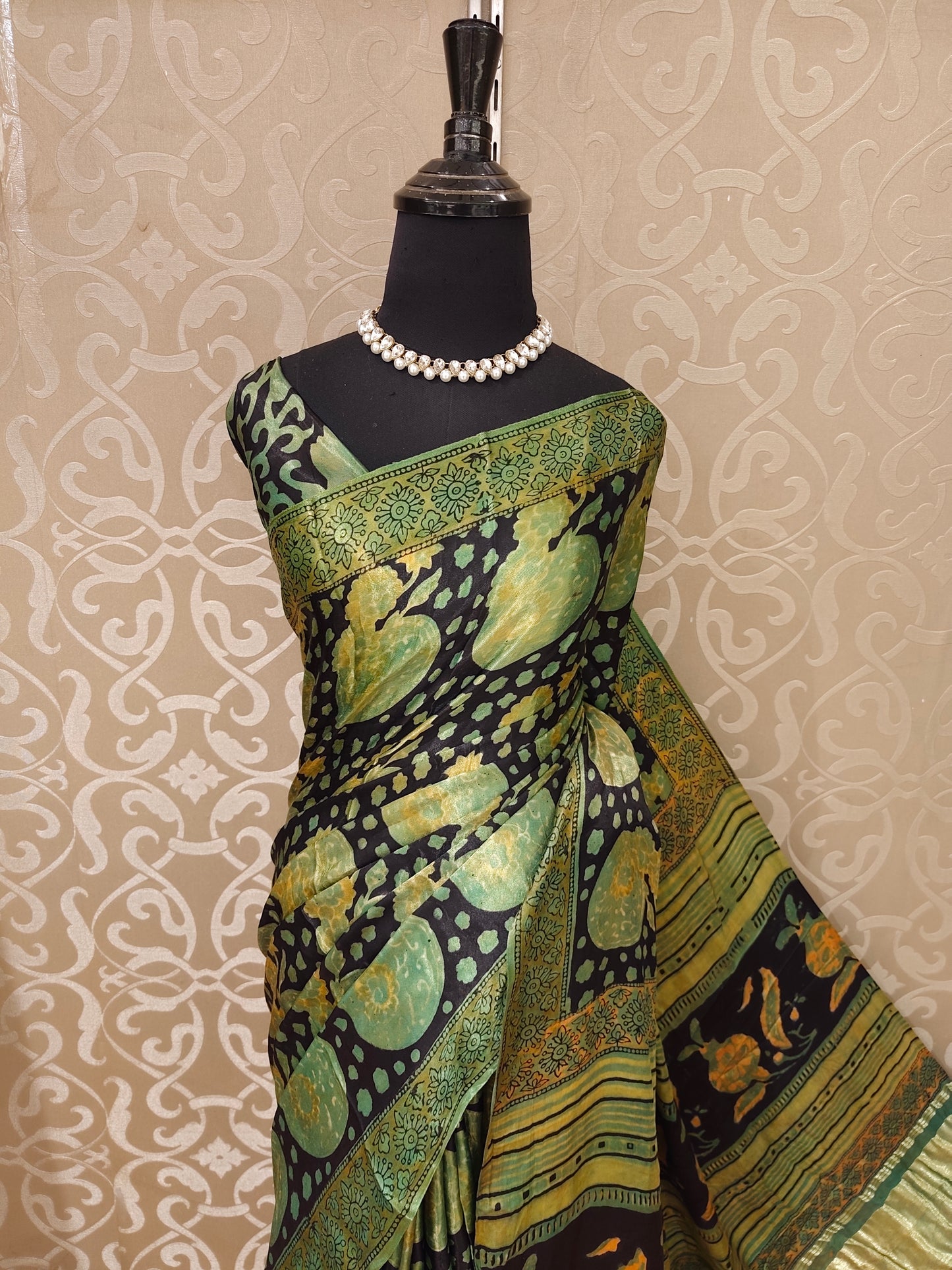 Black & Multi Pure Modal Silk Ajrakh Printed Saree With Unstich Blouse