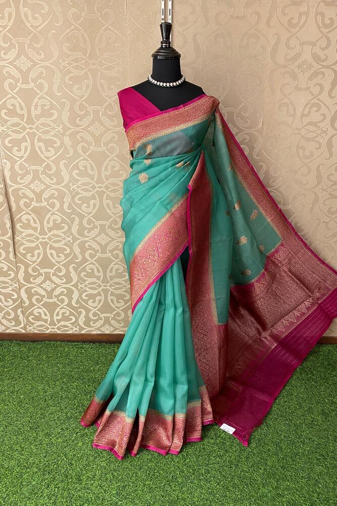 Firozi Blue Kora Banarasi Silk Saree, With Unstiched Blouse