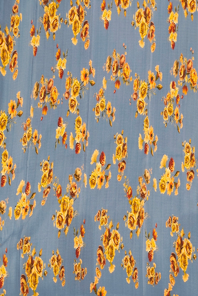Dusty Blue Floral Printed Chiffon Saree, With Unstiched Blouse Piece