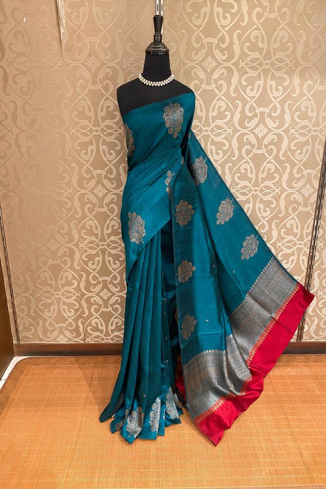 Teal Blue Pure Raw Tussar Banarasi Silk Saree, Hand Woven Motifs With Unstiched Blouse