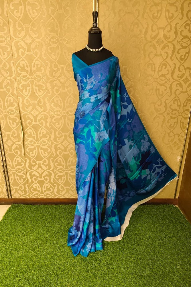 Blue Floral Printed Satin Crepe Saree, With Unstiched Blouse