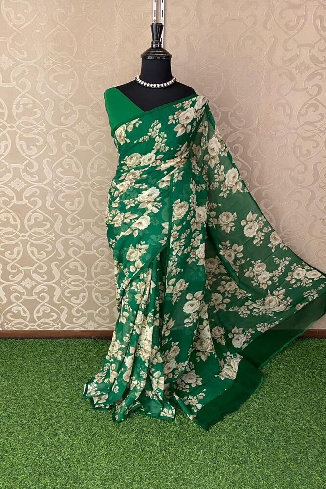 Deep green floral printed chiffon saree with unstiched blouse piece, perfect for party wear by Saarang Sarees.