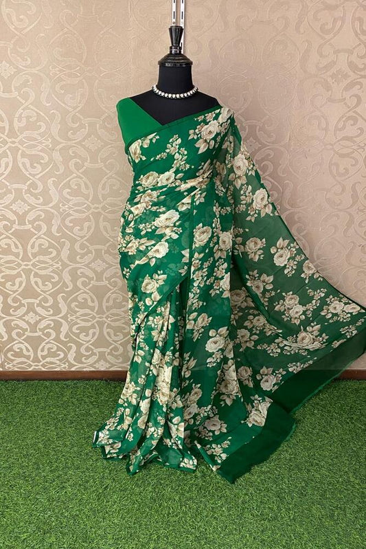 Deep green floral printed chiffon saree with unstiched blouse piece, perfect for party wear by Saarang Sarees.