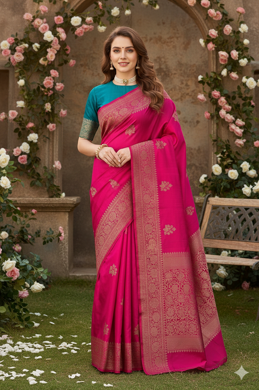 Rani Pure Raw Tussar Banarasi Silk Saree, Hand Woven Motifs With Unstiched Blouse