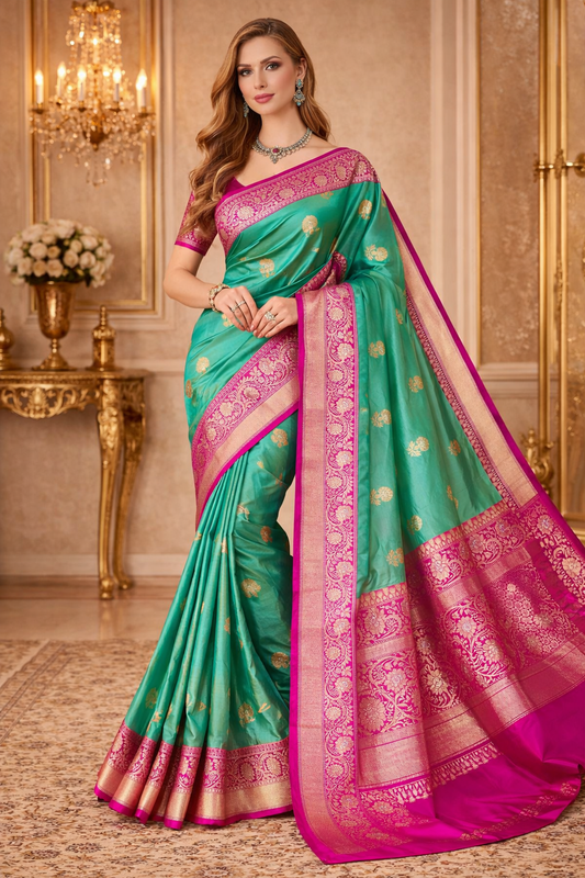 Rama Green Katan Banarasi Saree Hand Woven Work, With Unstiched Blouse