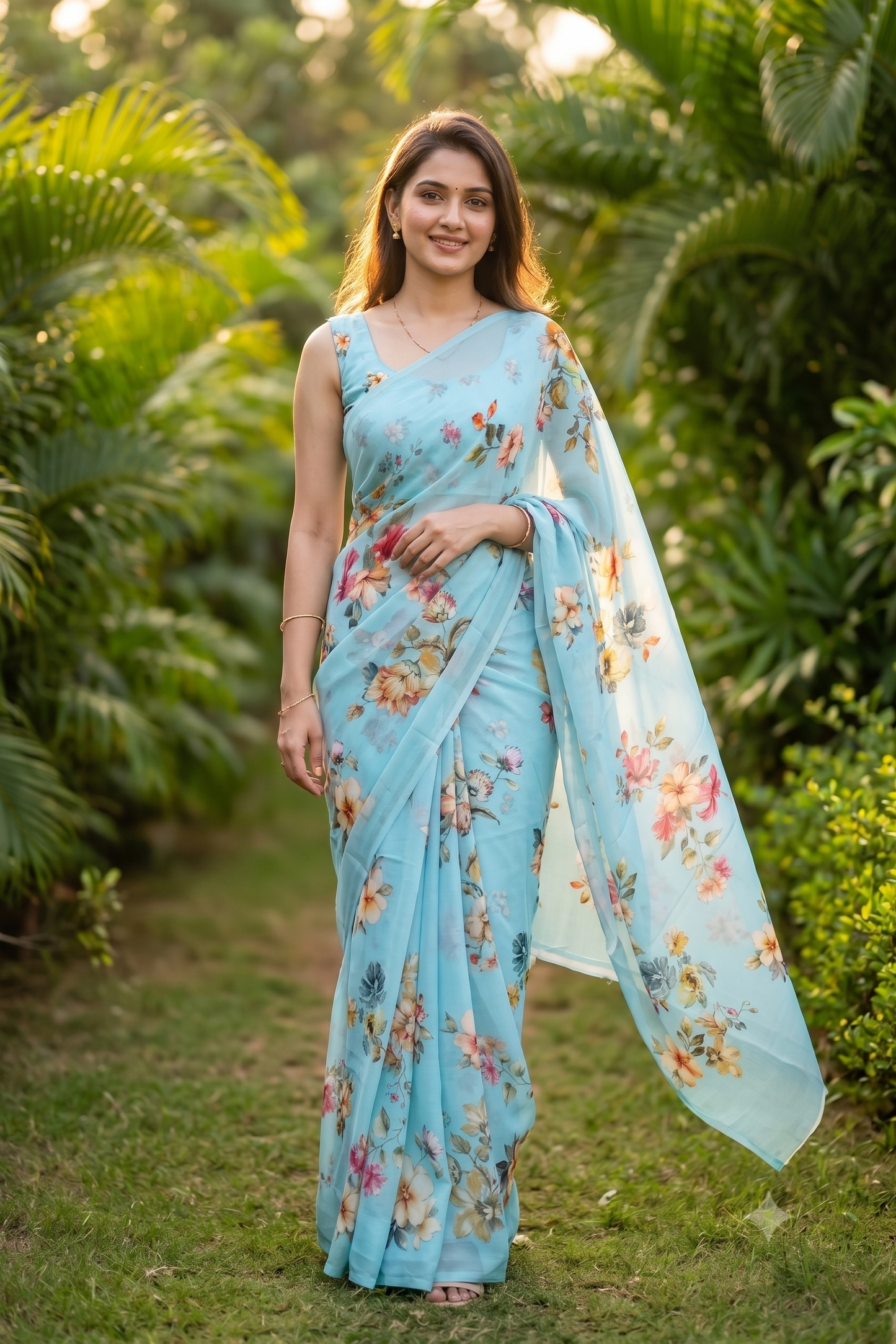 Sky Floral Printed Chiffon Saree, With Unstiched Blouse Piece