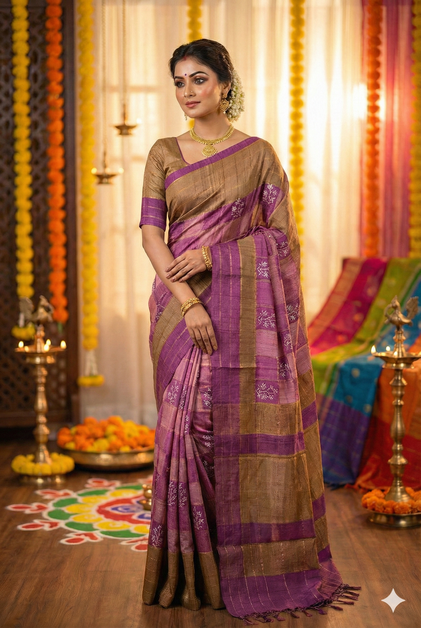 Pink & Purple Tussar Silk Printed Saree, With Unstiched Blouse - Saarang Sarees