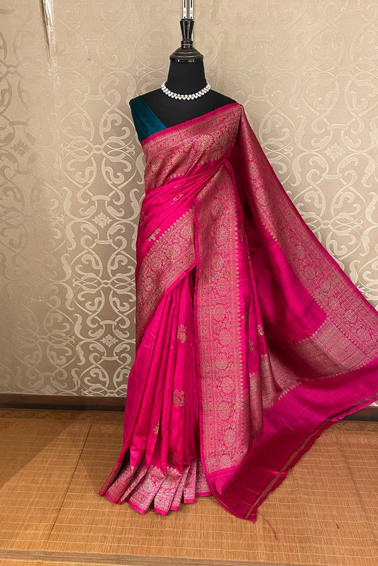 Rani Pure Raw Tussar Banarasi Silk Saree, Hand Woven Motifs With Unstiched Blouse