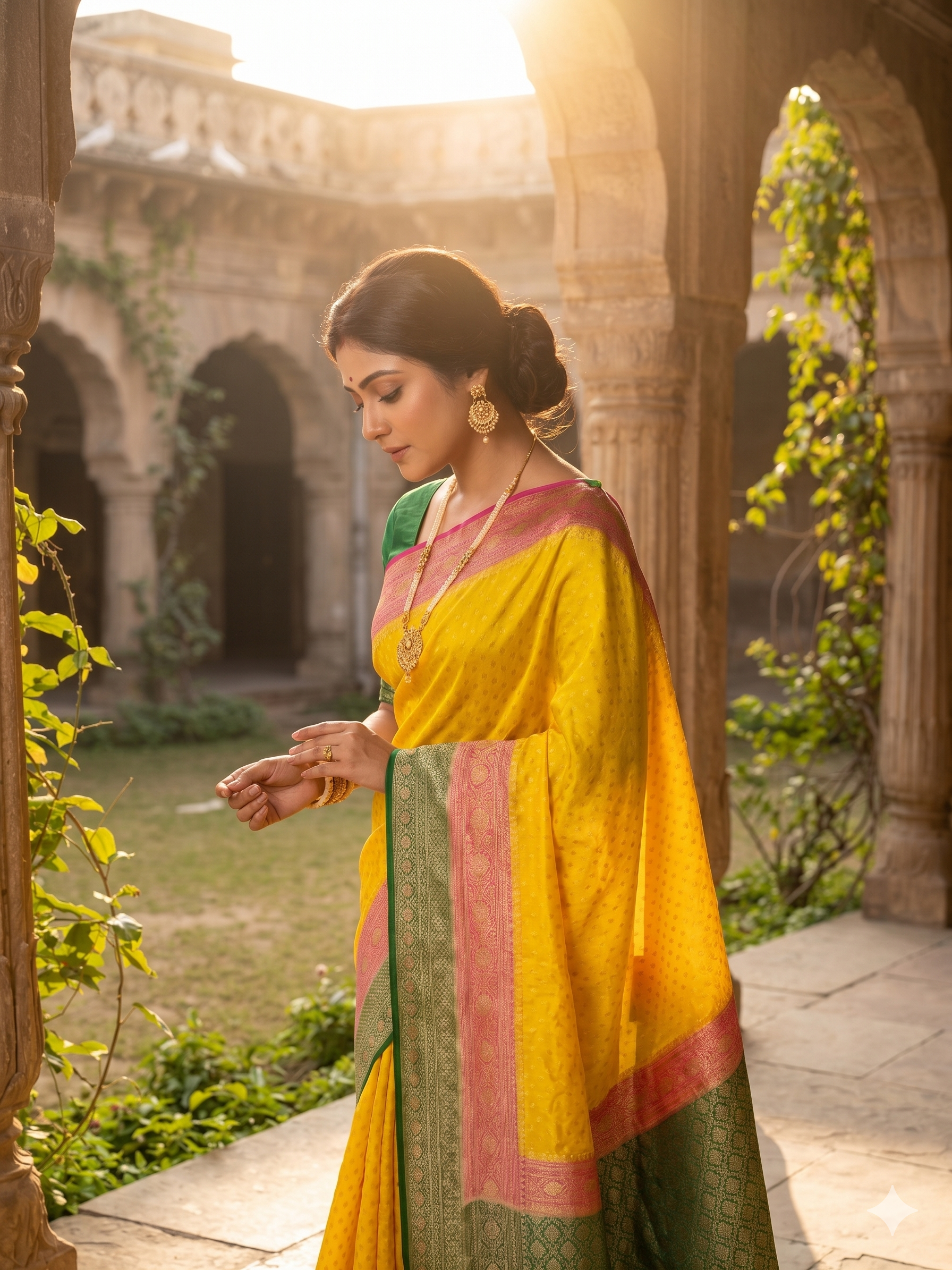 Yellow crepe Khaddi Banarasi silk saree with intricate patterns and matching unstiched blouse, traditional wear by Saarang Sarees.