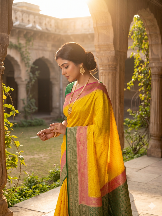 Yellow crepe Khaddi Banarasi silk saree with intricate patterns and matching unstiched blouse, traditional wear by Saarang Sarees.