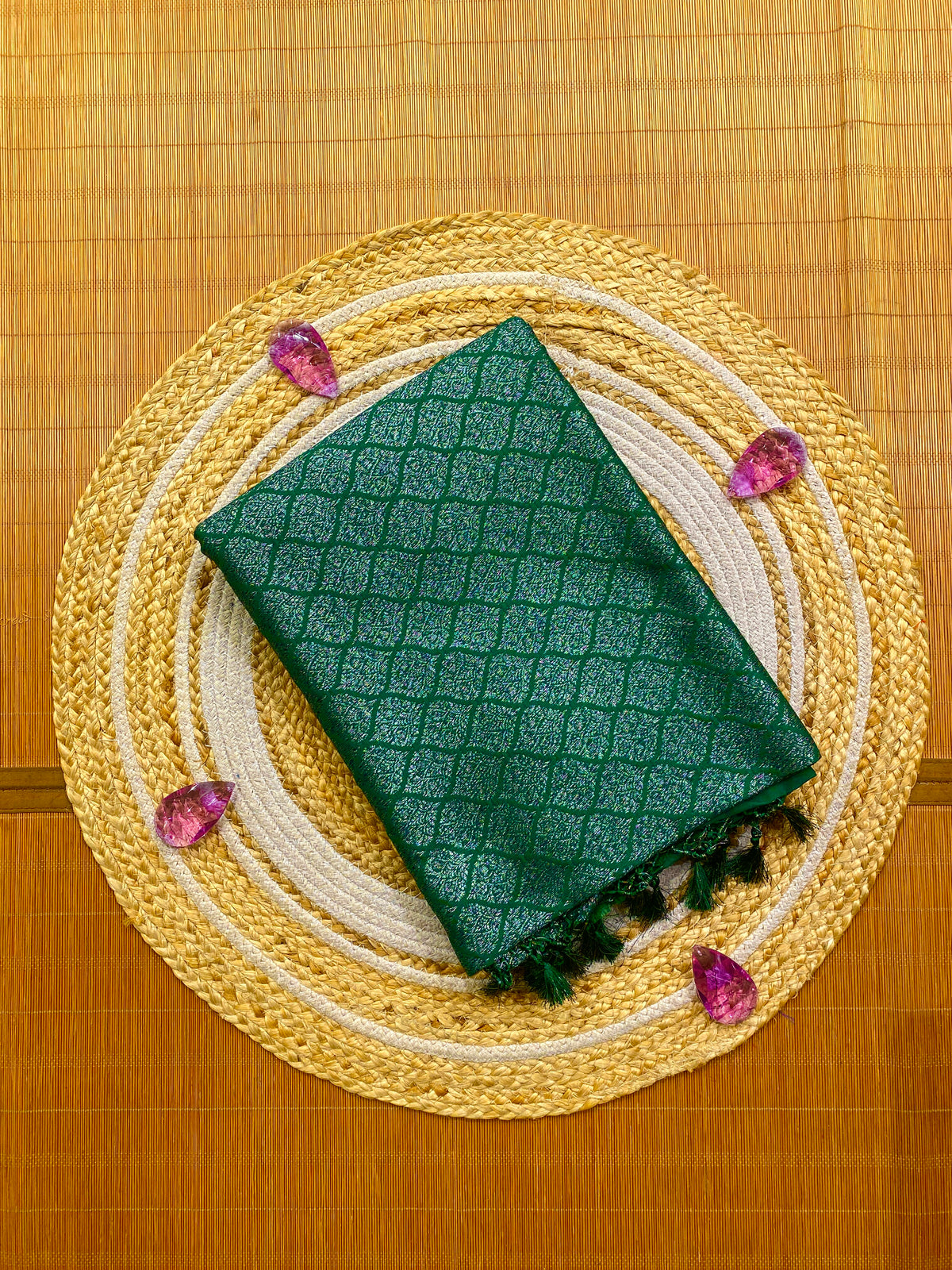Deep Green Semi Katan Brocade Silk Saree, With Unstiched Blouse